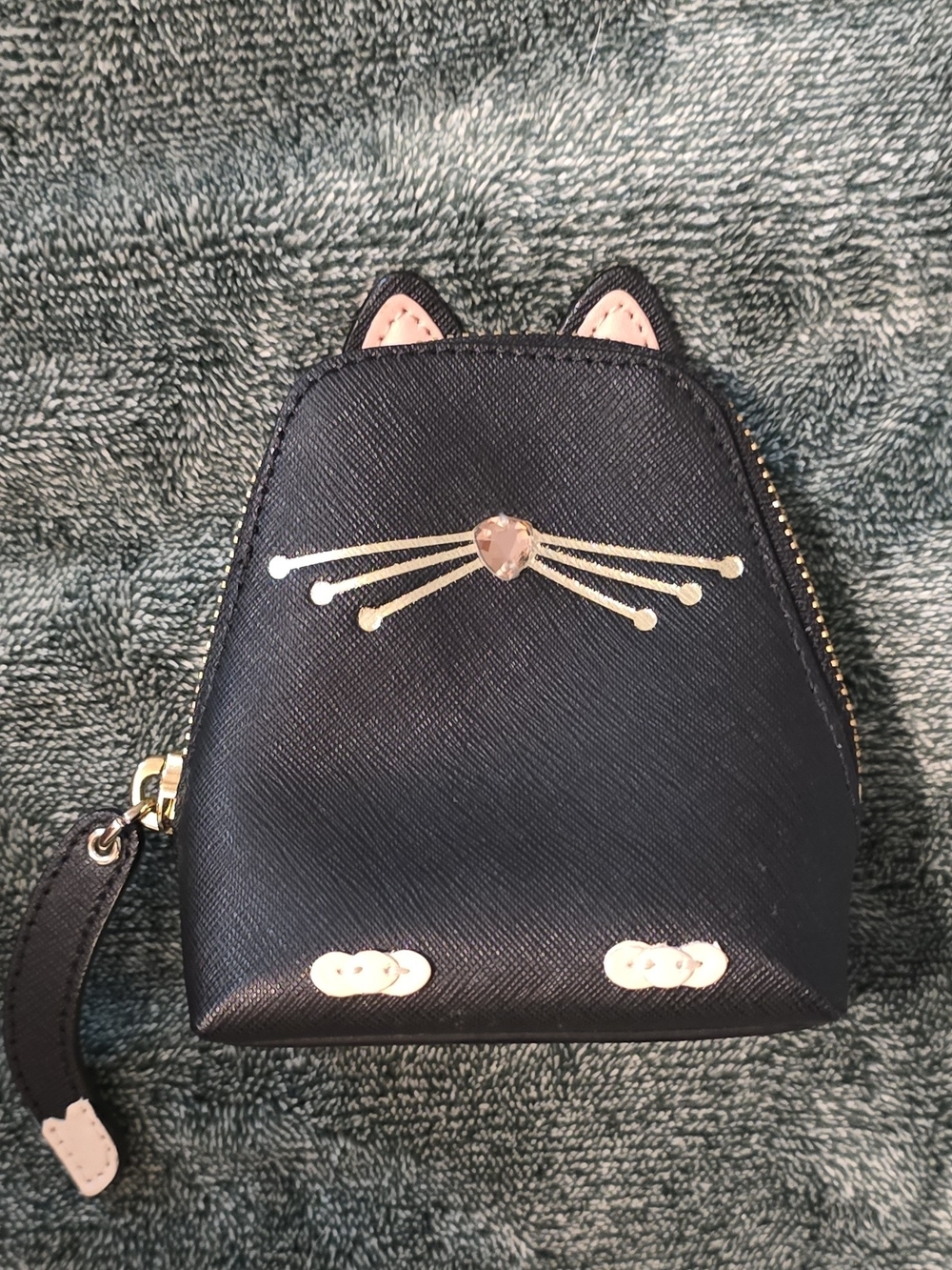 kate spade Black Cat Mini Coin Pouch with Pink Ear Accents and Gold Details